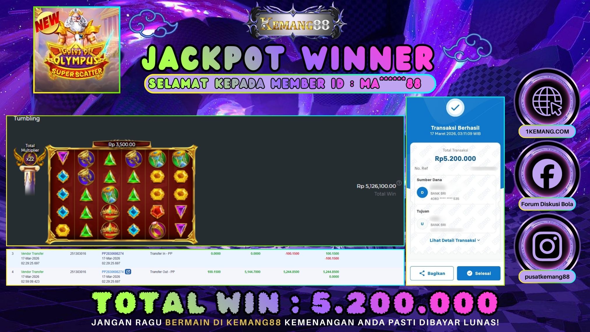 KEMANG88 [17 Maret 2026] : JACKPOT SLOT : GATES OF OLYMPUS SUPER SCATTER [PP] Rp. 5.200.000.,- LUNAS